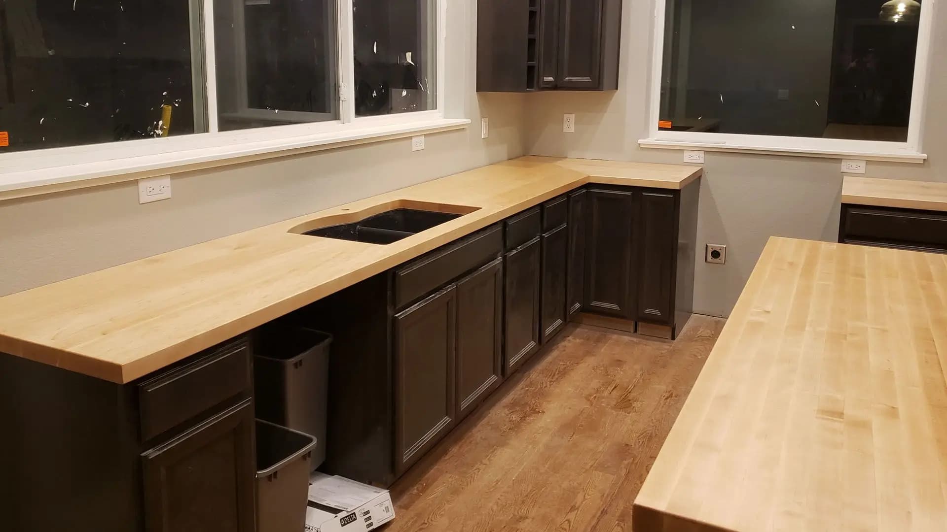 a kitchen with a counter top